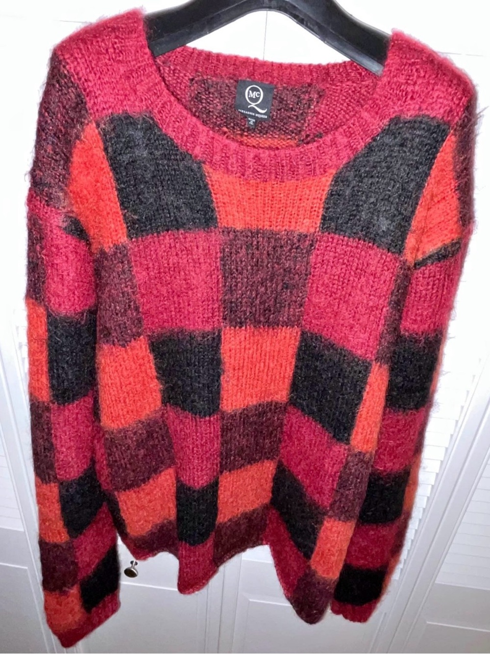 Alexander McQueen Mohair- Silk Blend Red & Black Check Crewneck Sweater small